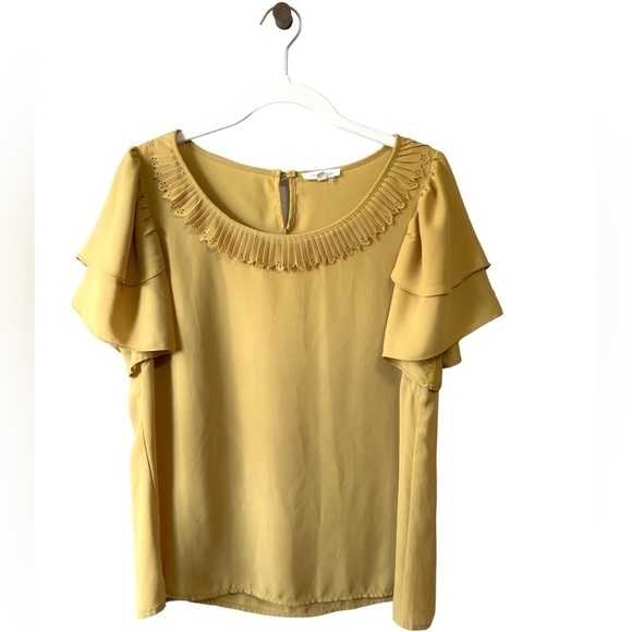 Under Skies Tops - Under Skies Mustard Yellow Blouse Laser Cut Detail Collar Layered Flowy Sleeves